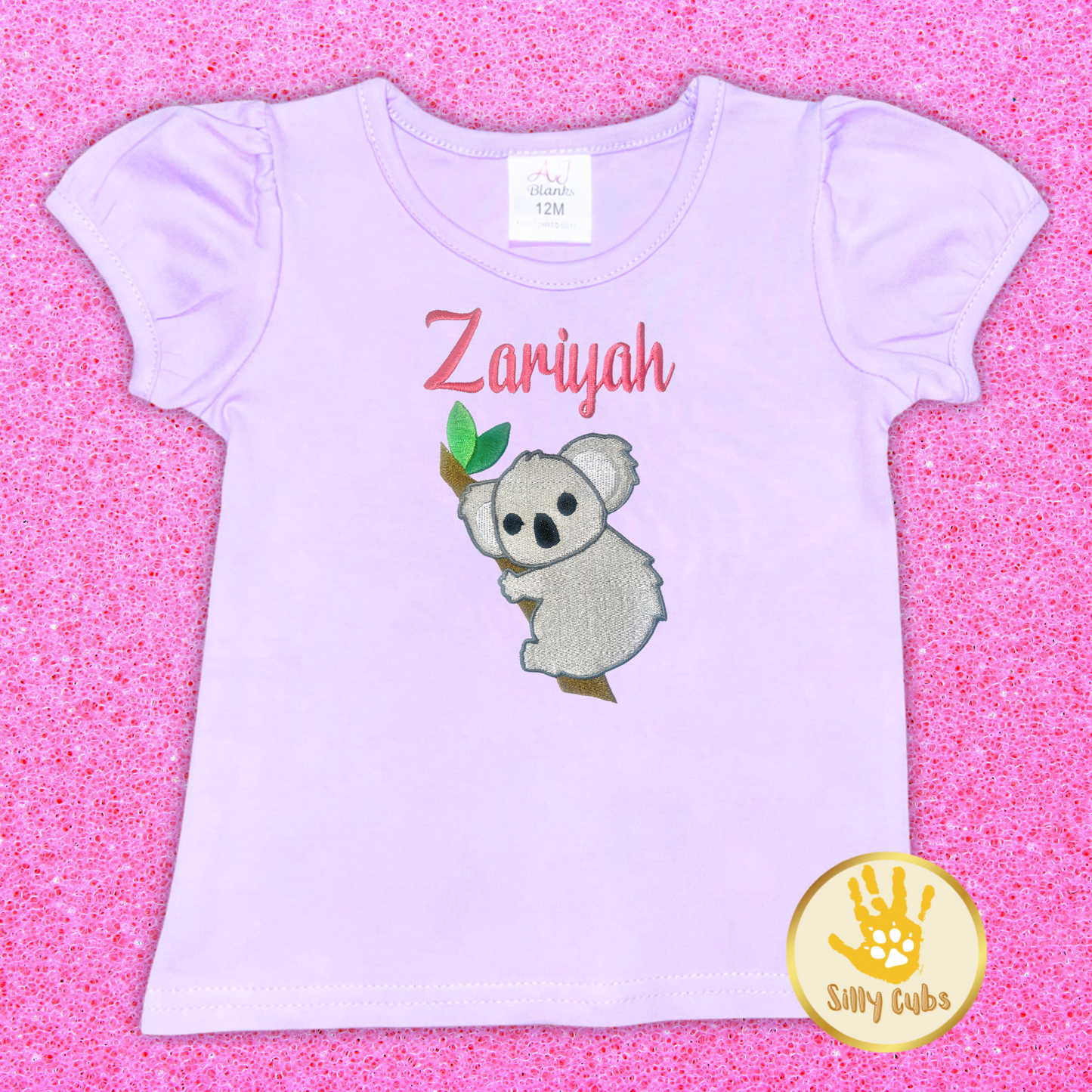 Custom Koala Embroidery Design on Short Puff Sleeve Shirt