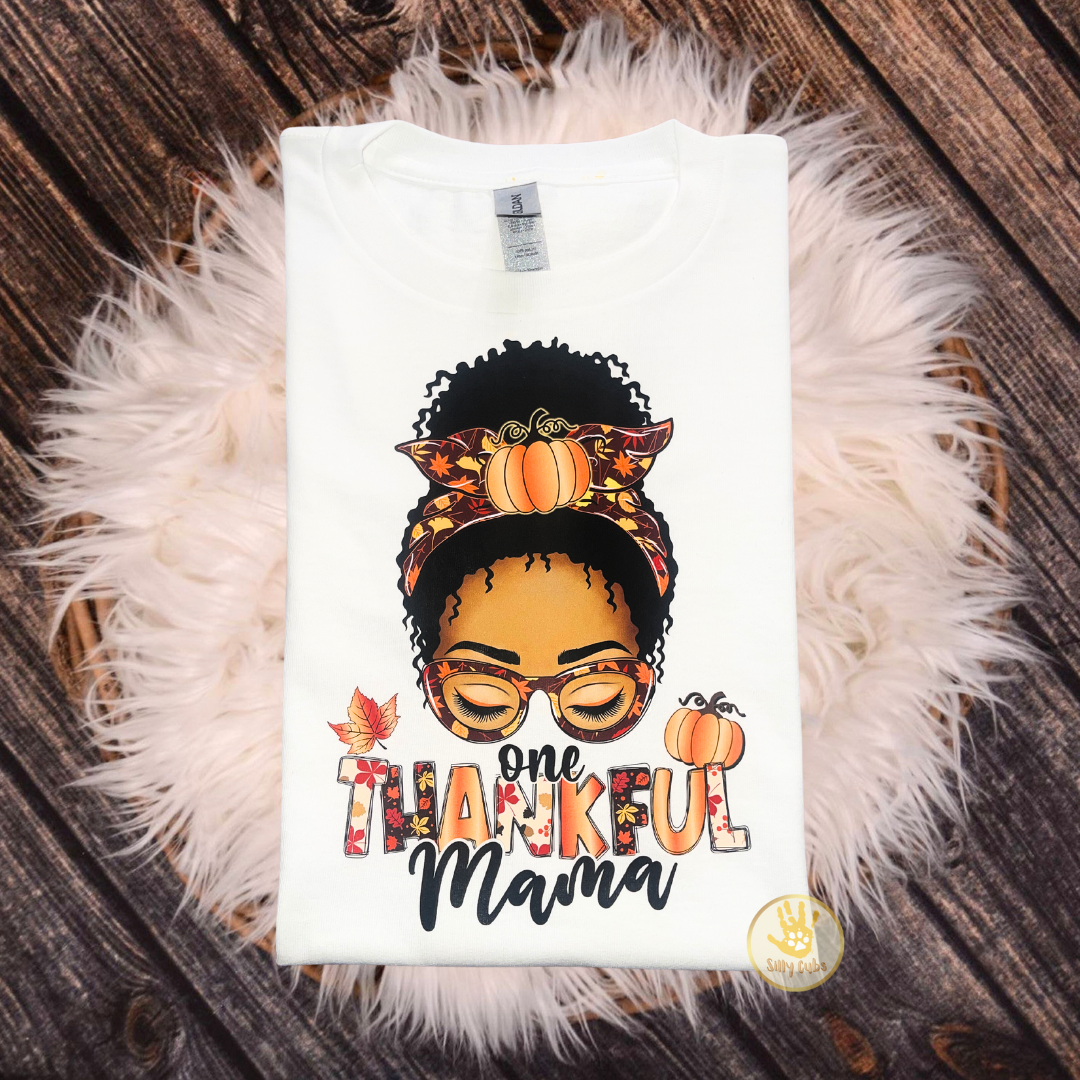 Custom Fall One Thankful Mama Shirt for Thanksgiving with Afro Puff Messy Bun