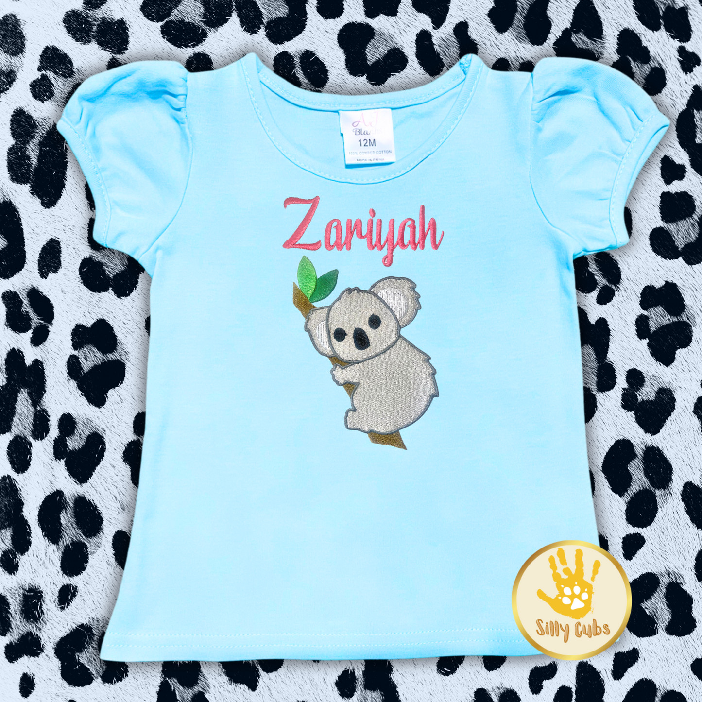 Custom Koala Embroidery Design on Short Puff Sleeve Shirt
