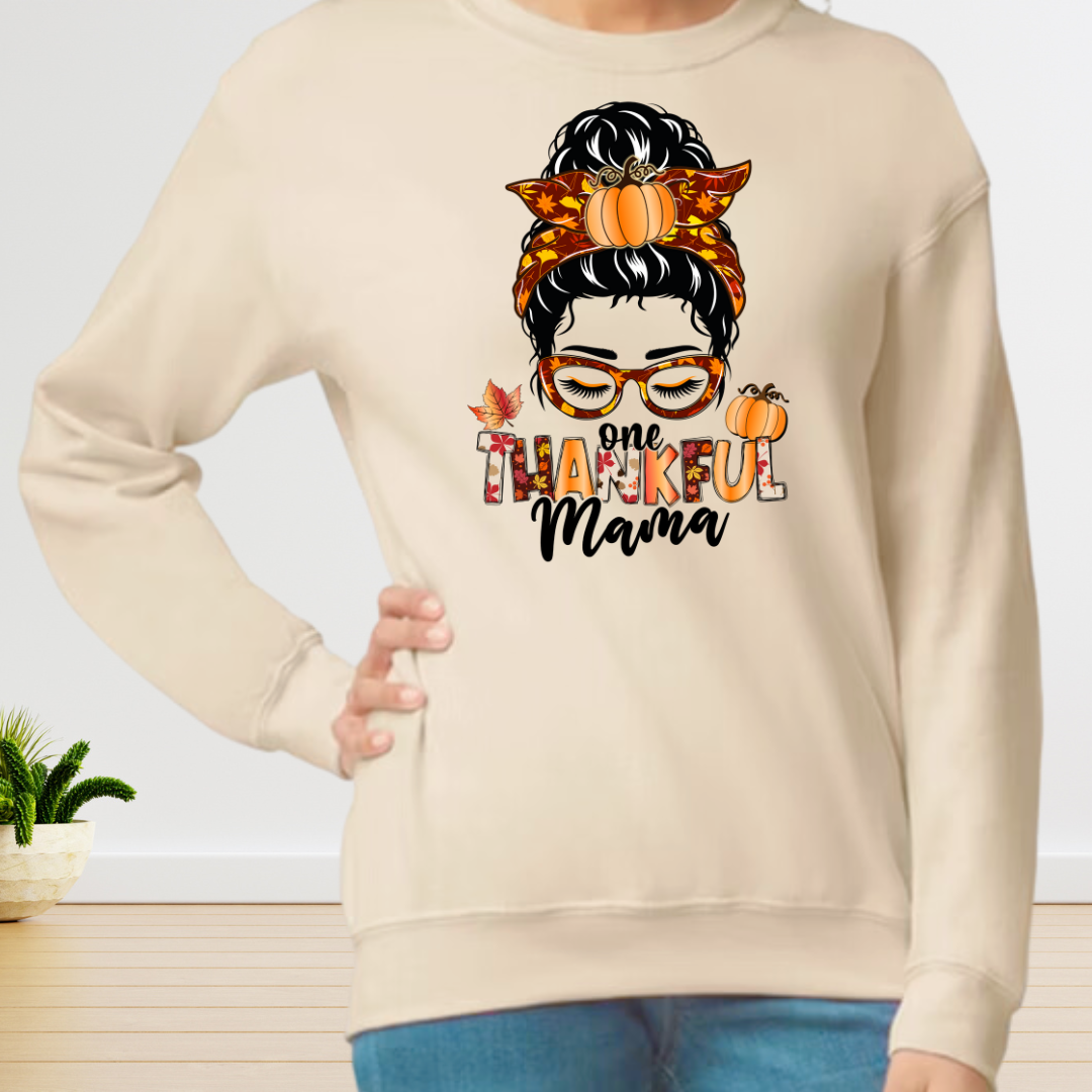 Custom Fall One Thankful Mama Shirt for Thanksgiving with Messy Bun