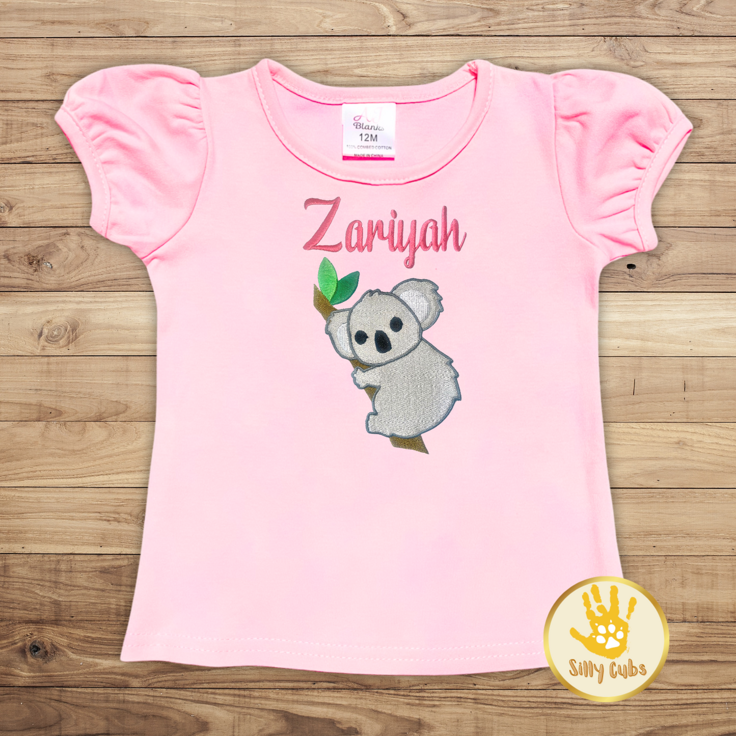 Custom Koala Embroidery Design on Short Puff Sleeve Shirt
