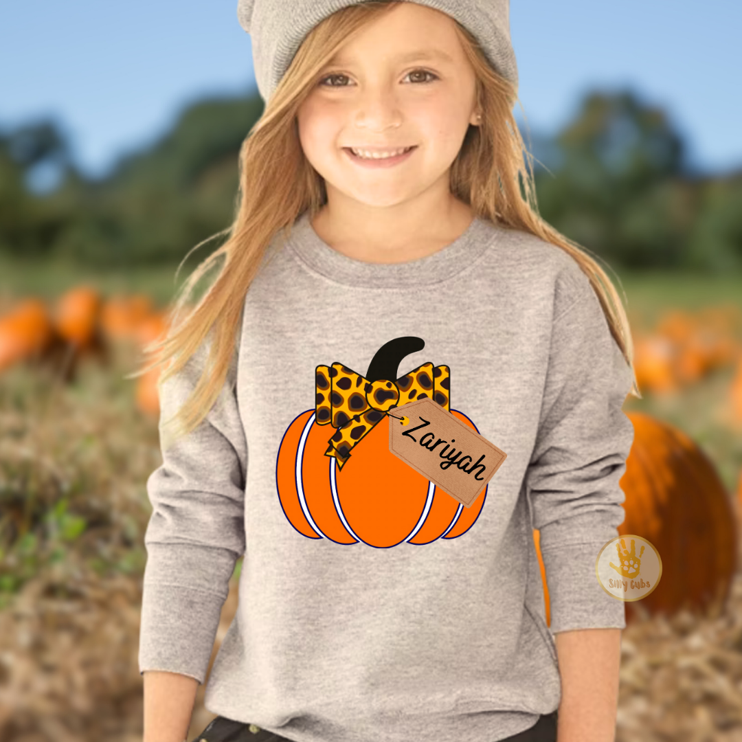 Custom Girl Cheetah Leopard Print Pumpkin Shirt for Halloween, Pumpkin Patch, Thanksgiving